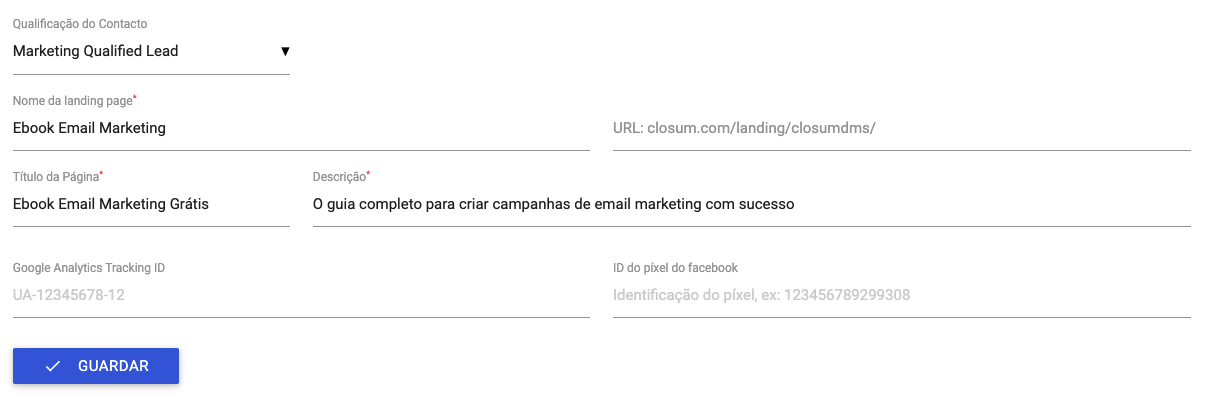 Configurações Landing Page